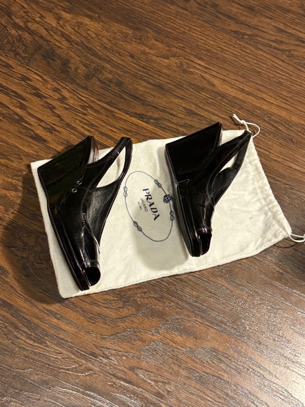 Prada Black Patent Slingback Peep-Toe Wedge Pumps - Picture 4 of 15